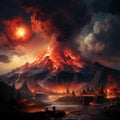 Volcano Eruption with Fire in the Sky and Pyroclastic Flow, Resembling Pompeii in 79 AD Royalty Free Stock Photo