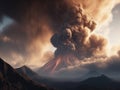 Volcano eruption with huge dust clouds and lava, ai-generated artwork