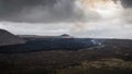 Volcano eruption in Iceland, a lava flow spreading downhill, aerial shot Royalty Free Stock Photo