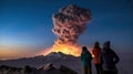 Volcano eruption in Kamchatka, Russia. People watching the eruption. Generative AI