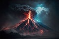 Volcano eruption with lava flow at night