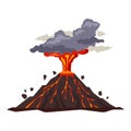 Volcano eruption with magma, smoke, ashes isolated on white background. Volcanic activity hot lava eruption - flat