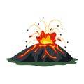 Volcano eruption with magma, smoke, ashes isolated on white background. Volcanic activity hot lava eruption - flat