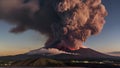 Volcano eruption with massive high bursts of lava and hot clouds soaring high into the sky, pyroclastic flow in Asia