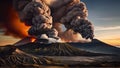 Volcano eruption with massive high bursts of lava and hot clouds soaring high into the sky, pyroclastic flow in Asia