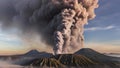 Volcano eruption with massive high bursts of lava and hot clouds soaring high into the sky, pyroclastic flow in Asia