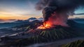 Volcano eruption with massive high bursts of lava and hot clouds soaring high into the sky, pyroclastic flow in Asia