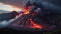 Volcano eruption with massive high bursts of lava and hot clouds soaring high into the sky, pyroclastic flow in Asia