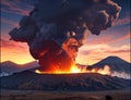 Volcano eruption with massive high bursts of lava and hot clouds soaring high into the sky, pyroclastic flow in Asia