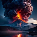 volcano eruption with massive high bursts of lava and hot clouds soaring high into the sky, pyroclastic flow Royalty Free Stock Photo