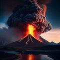 volcano eruption with massive high bursts of lava and hot clouds soaring high into the sky, pyroclastic flow Royalty Free Stock Photo