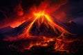 Volcano eruption at night, 3d render. Beautiful volcanic landscape, lava flowing lava into a mountain, AI Generated