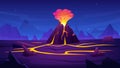 Volcano eruption at night. Surreal natural landscape with cracked earth and mountain with fire, magma and lava. Volcanic