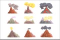 Volcano eruption set, volcanic magma blowing up, lava flowing down cartoon vector Illustrations Royalty Free Stock Photo