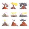 Volcano eruption set, volcanic magma blowing up, lava flowing down cartoon vector Illustrations Royalty Free Stock Photo