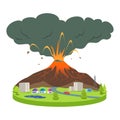 Volcano eruption in small city cartoon vector illustration Royalty Free Stock Photo