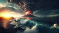 Volcano eruption at sunset, Realistic AI generated Illustration