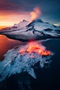 Volcano erupts lava as it erupts into the ocean. Generative AI