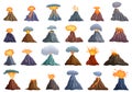 Volcano explosion icons set cartoon . Lava eruption explosion