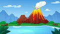 Volcano Explosion Landscape With Magma And Lava Flows, Fire And Ash Cloud. Eruption Process, Mountain With Smoke