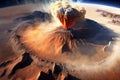 Volcano explosion seen form space, landscape with abstract mountains and deserts, explosive volcano with burning lava