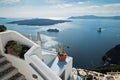 Volcano island with cruisers anchored around at Santorini Royalty Free Stock Photo