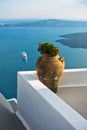 Volcano island with cruisers anchored around at Santorini Royalty Free Stock Photo