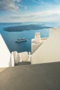 Volcano island with cruisers anchored around at Santorini Royalty Free Stock Photo