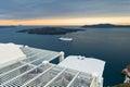 Volcano island with cruisers anchored around at Santorini Royalty Free Stock Photo