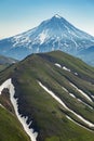 Aerial flight above volcanos of Kamchatka the land of volcanos and green valleys
