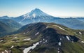 Aerial flight view of Kamchatka the land of volcanos and green valleys