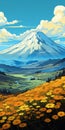 Transcendent Volcano Landscape With Yellow Flowers And Mountains