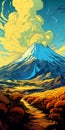 Transcendent Volcano Landscape With Yellow Flowers And Mountains
