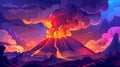 Volcano lava eruption modern cartoon background. Prehistoric volcanic mountain landscape with smoke clouds and magma Royalty Free Stock Photo