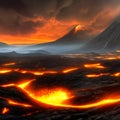 Volcano and lava flow fantasy landscape