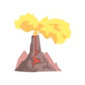 Volcano with lava, mountain rock volcanic with hot magma, volcanic eruption with dust cloud vector Illustration