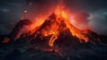 a volcano with lava and lava pouring out of it\'s sides in the night sky, with bright orange and red