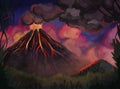 Volcano with magma, lava and smoke. Night mountain landscapes.