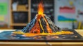 Volcano model simulating an eruption in a classroom setting