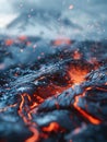 A volcano\'s lava meets the storm\'s chill, a unique freeze enveloping the area, snow mingling