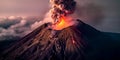 volcano with smoke billowing up and lava pouring out of a volcanic crater.