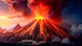 volcano with smoke billowing up and lava pouring out of a volcanic crater.