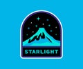 Volcano with stars, vintage retro badge. Starlight label, space stars, stellar background.