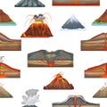 Volcano vector eruption and volcanism or explosion convulsion of nature volcanic in mountains illustration set of Royalty Free Stock Photo