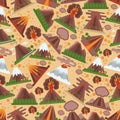 Volcano vector seamless pattern eruption volcanism explosion convulsion of nature volcanic in mountains illustration Royalty Free Stock Photo