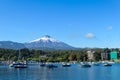 Volcano Villarica and boats in lake Royalty Free Stock Photo