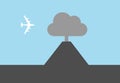 Volcano, volcanic eruption and flying airplane and plane on blue sky Royalty Free Stock Photo