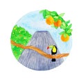 Volcano watercolor illustration with toucan and orange tree