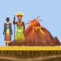 The volcano woke up and spewed out lava, fire and flame in Africa with african aborigens vector illustration. Volcanic