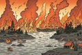 Volcanoes, flood, fire on planet earth, generative ai